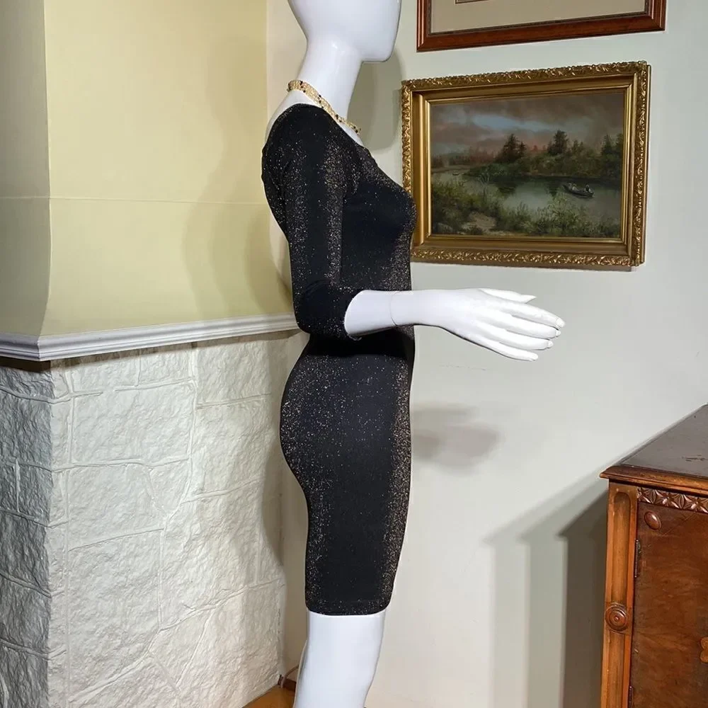 Bebe Stretch Metallic Black & Gold Bodycon Mini Dress 3/4 Sleeves - Picture 7 of 11